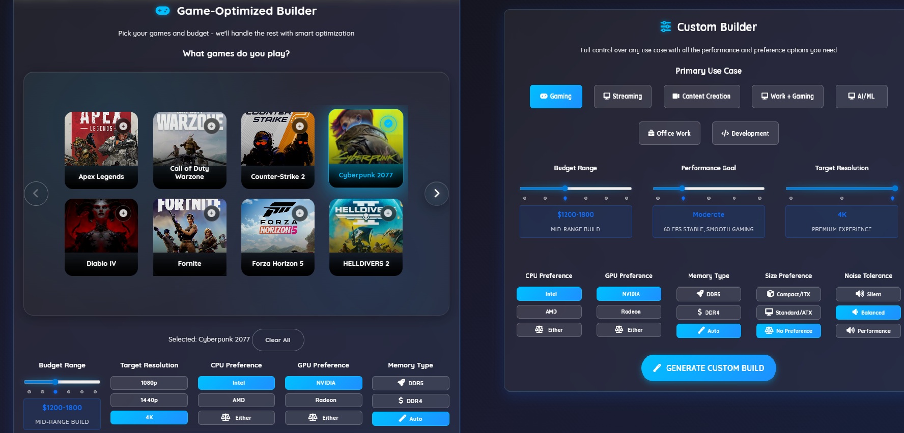 Side by side comparison of Game-Based and Custom Builder interfaces