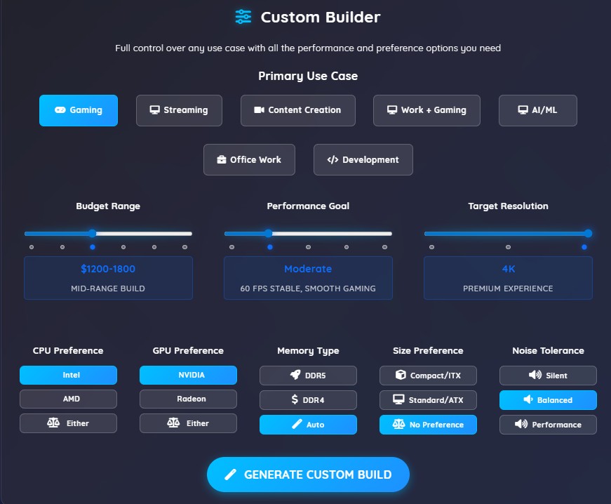 Custom Builder interface showing various sliders and options