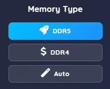 RigSync memory type selector showing DDR4, DDR5, and Auto options