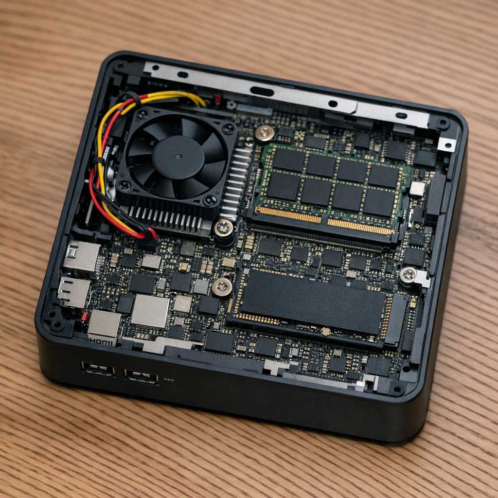 Inside of a mini PC showing limited upgrade options
