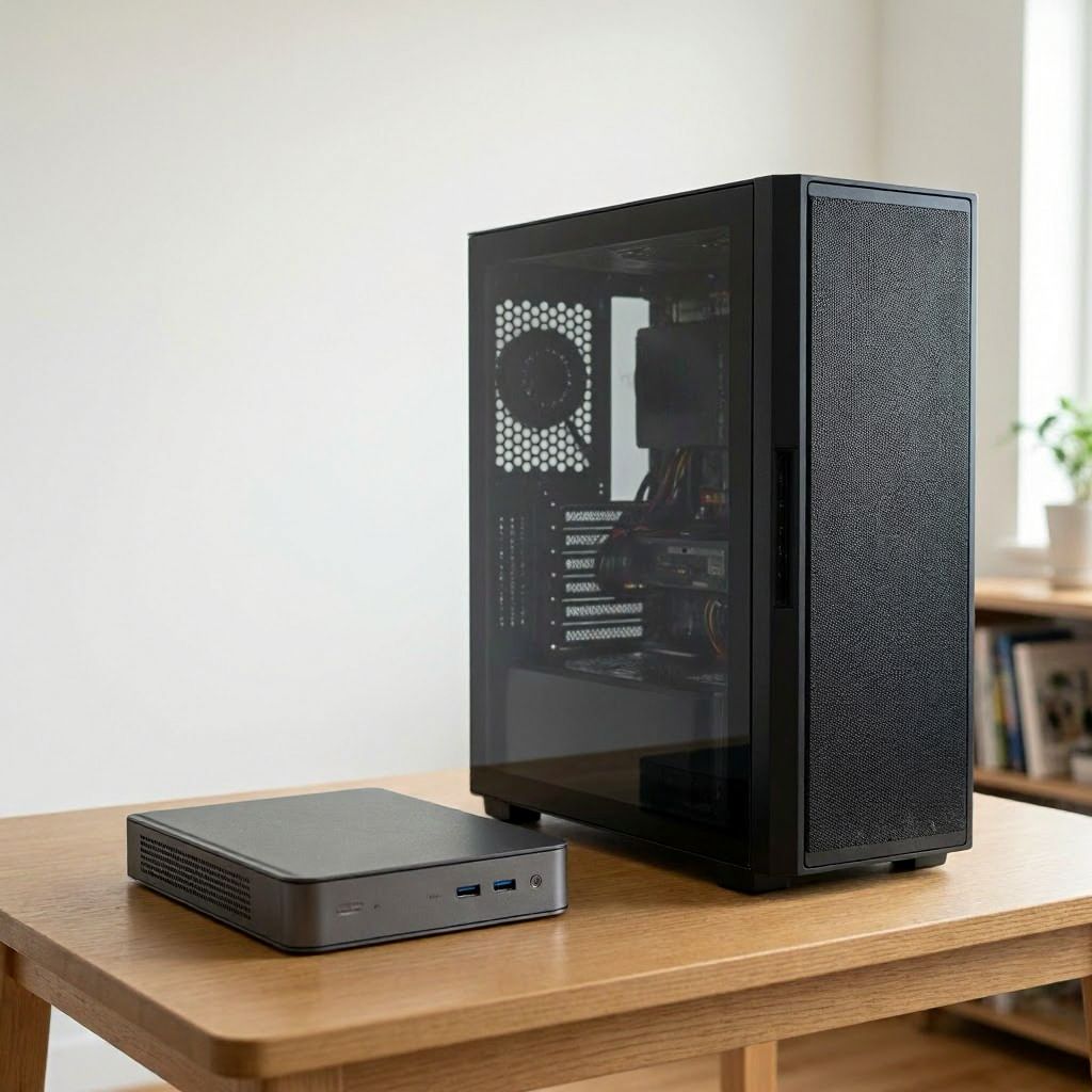 Mini PC next to standard ATX desktop tower