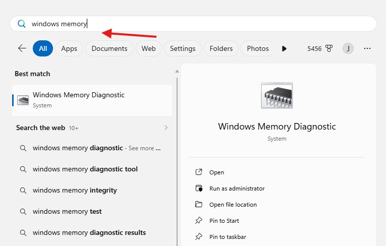 Windows Memory Diagnostic search in Start menu