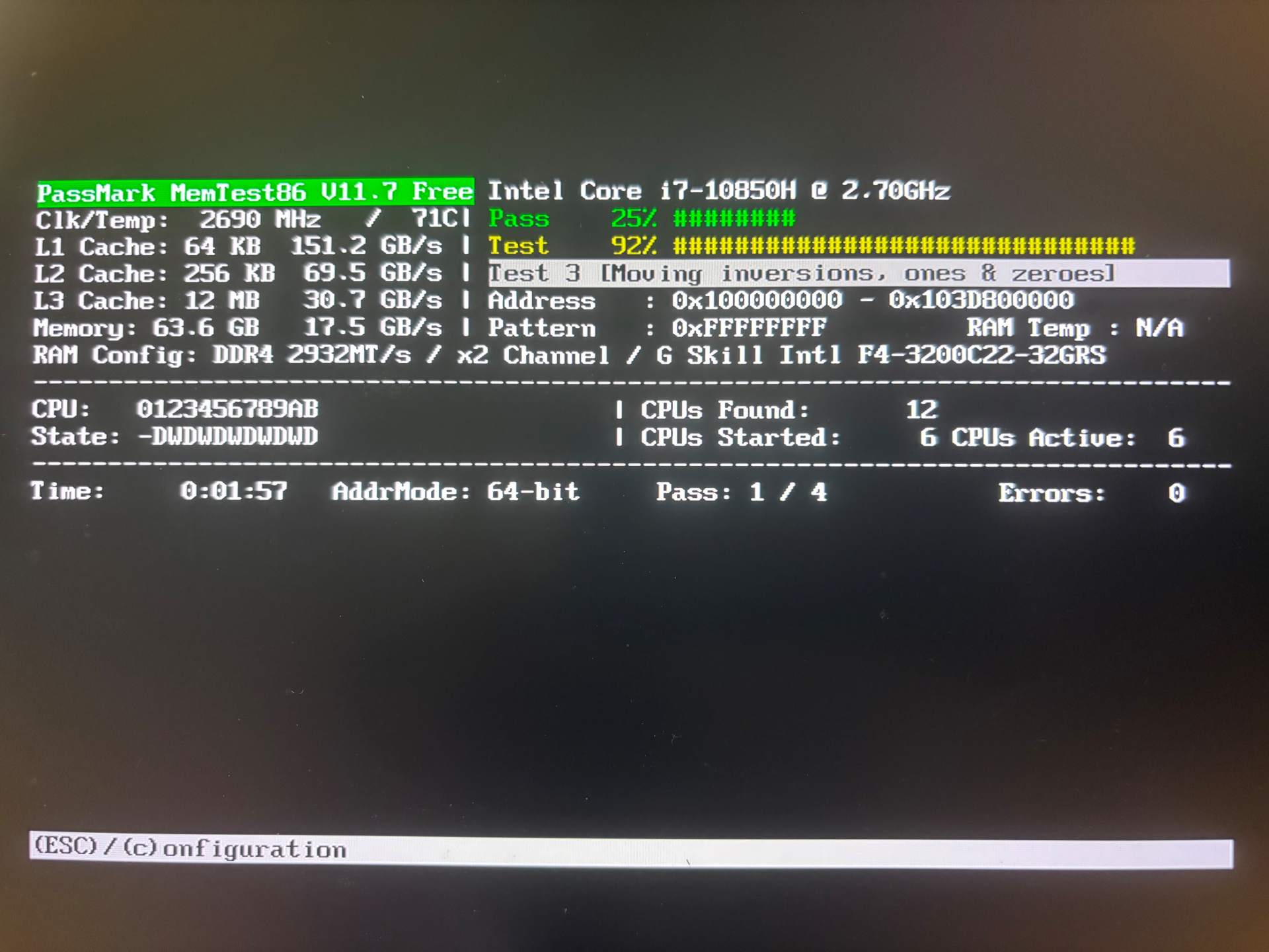 MemTest86 running showing test progress
