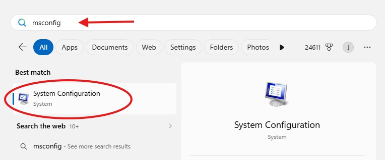 Windows Run dialog with msconfig typed