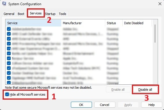 Services tab with Hide all Microsoft services checked