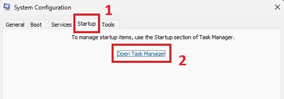 Startup tab showing Open Task Manager button