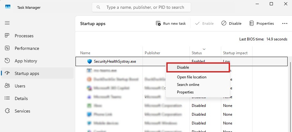 Task Manager showing startup programs to disable
