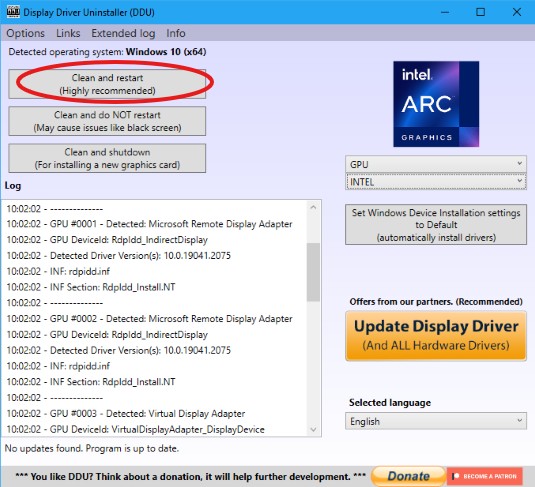 DDU interface showing Clean and Restart option selected