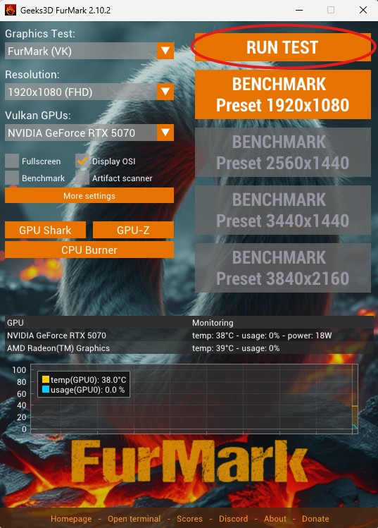 FurMark settings with GPU stress test selected