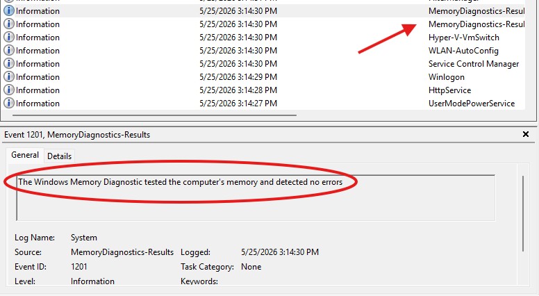Event Viewer showing Memory Diagnostic results