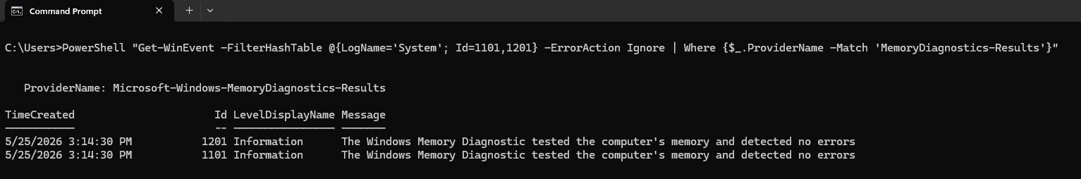 Event Viewer showing Memory Diagnostic results