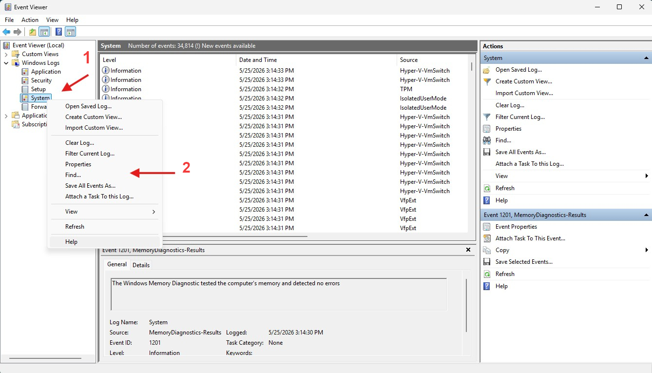 Event Viewer showing Memory Diagnostic results