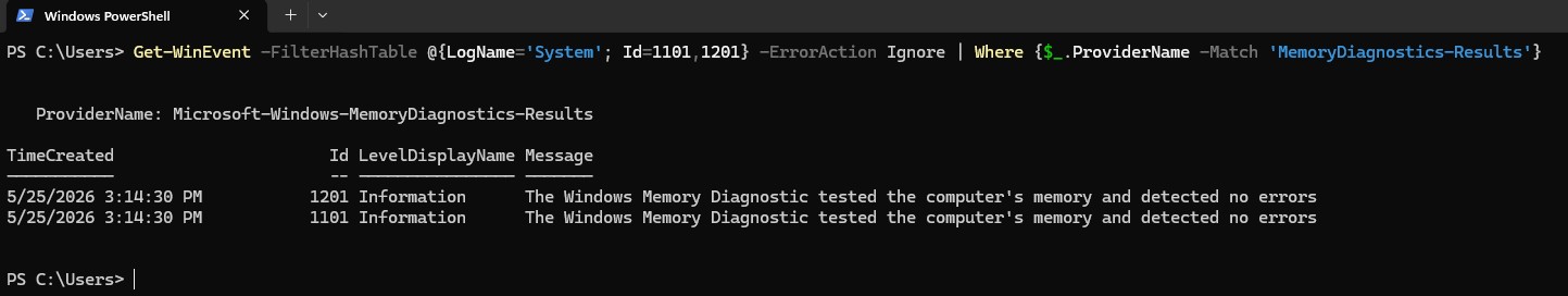 Event Viewer showing Memory Diagnostic results